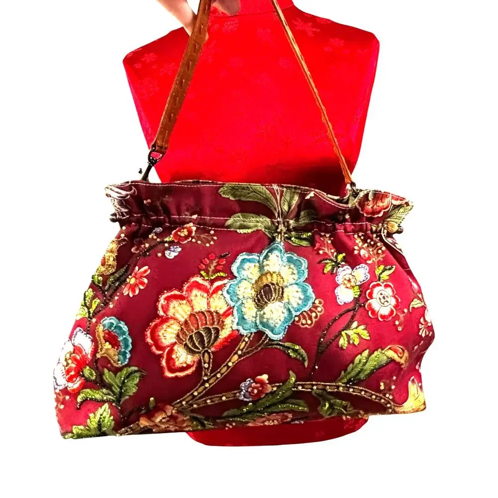 Isabella Fiore beaded Shoulder bag purse multicolor floral & tan leather trim